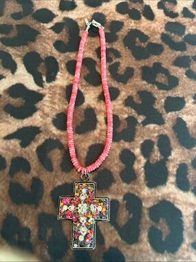 Handmade Beaded Pink Cross Pendant Necklace